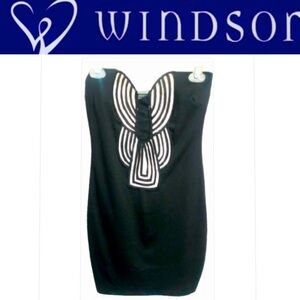 WINDSOR strapless black mini dress with white detail and mesh cleavage size M